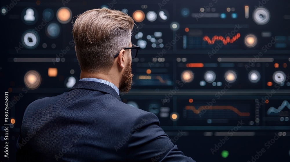Poster info business consulting social media concept. professional man analyzing data on a digital interfac
