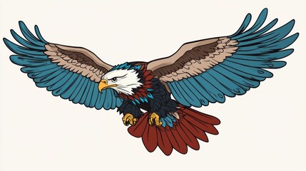 Obraz premium Cartoon eagle soars with blue, brown, red feathers, isolated on white. For icons, logos, or graphics use