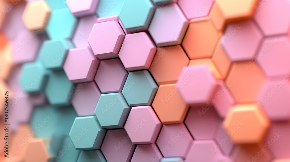 Poster abstract three dimensional wall comprised of colorful hexagonal shapes
