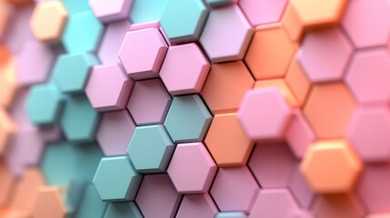 Abstract three dimensional wall comprised of colorful hexagonal shapes