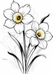 Fototapeta premium Two white daffodils with yellow centers against muted gray background. Looking delicate and artistic with bold outline style. Perfect for spring occasions. Concept: tattoo studio, stationery design