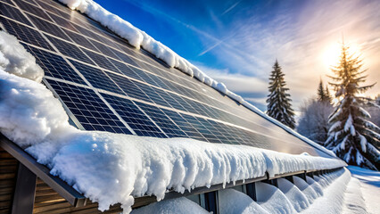 Snow-covered solar panels glow in sunset light. Evergreen trees frame sustainable energy installation in winter landscape. Concept renewable energy, winter sustainability, green technology.