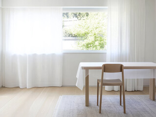 Fototapeta premium Minimalist dining area with a wooden table and chair overlooking a bright window