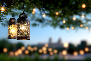 Evening garden party lanterns hanging from tree branches, blurred city skyline background. Ideal for event invitations or romantic themed designs