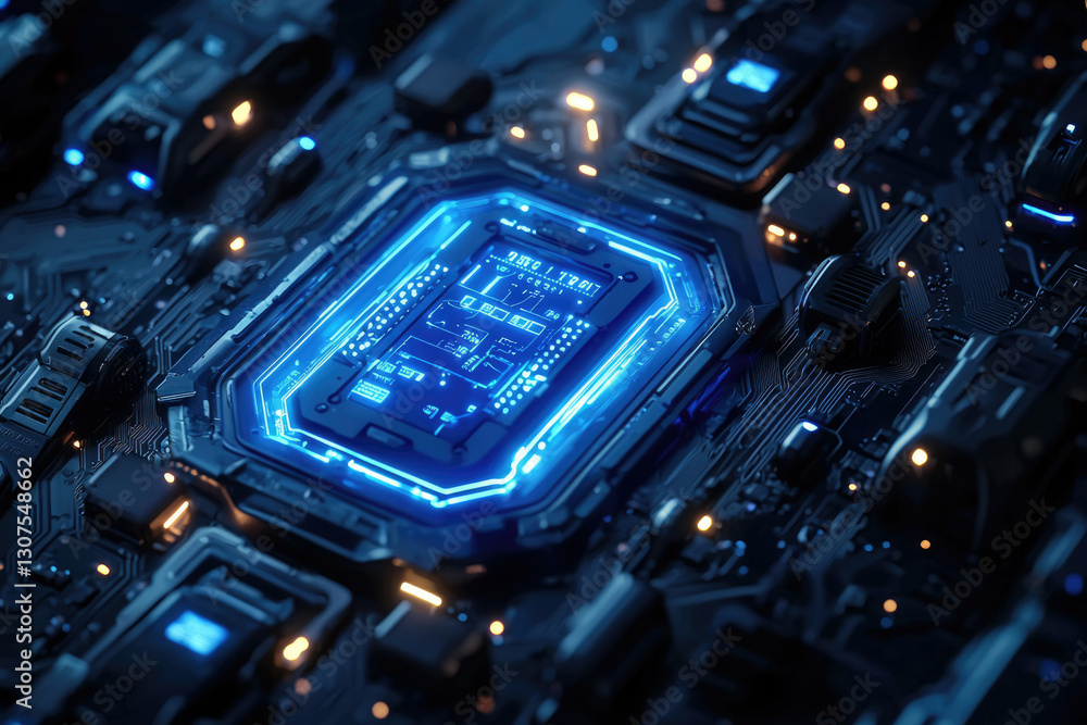 Poster A futuristic close-up of a glowing blue central processing unit integrated into a complex circuit board.