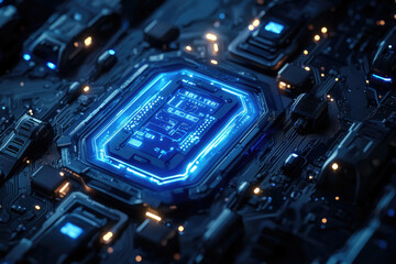 A futuristic close-up of a glowing blue central processing unit integrated into a complex circuit board.