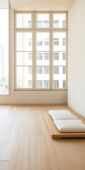 Minimalist interior design featuring traditional Japanese tatami mat in modern space