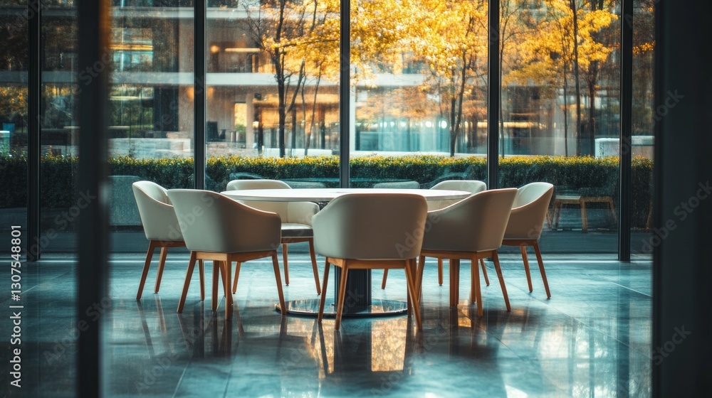Poster sunlight filters through the large glass windows of a quiet restaurant, highlighting a round table s