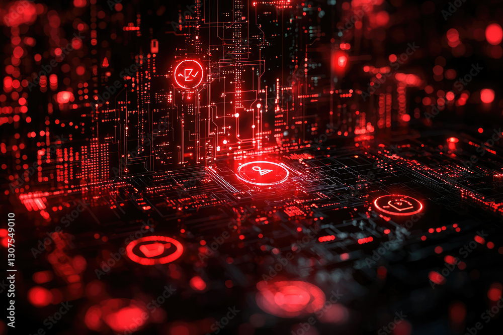 Poster Cybersecurity threat alert: Red glowing digital circuit board displays warning signs of data breach or system vulnerability.