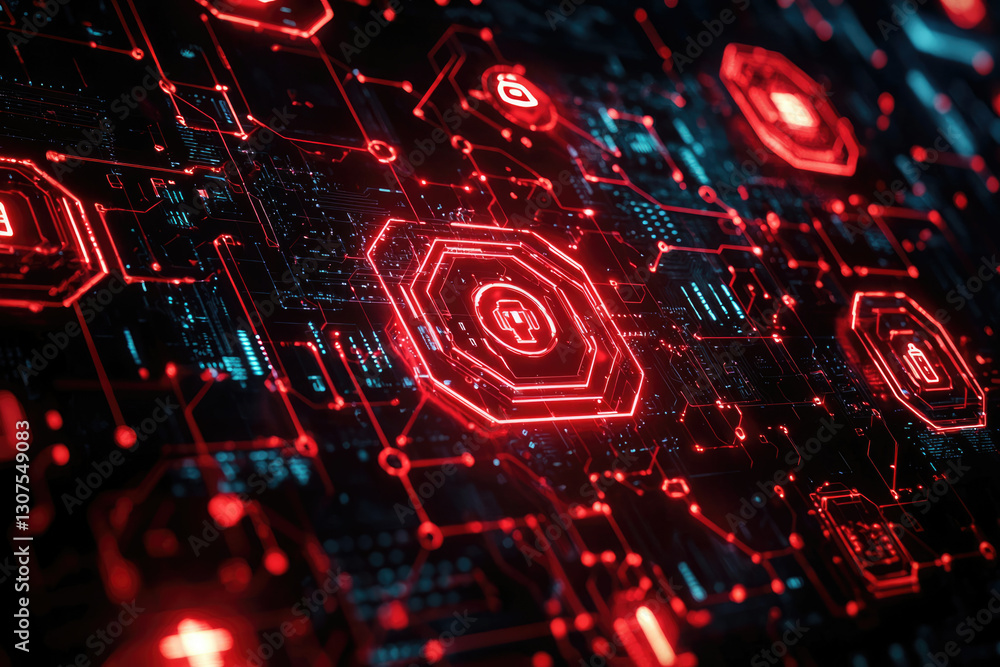 Poster Abstract digital circuit board glowing red, depicting intricate network connections and data flow.