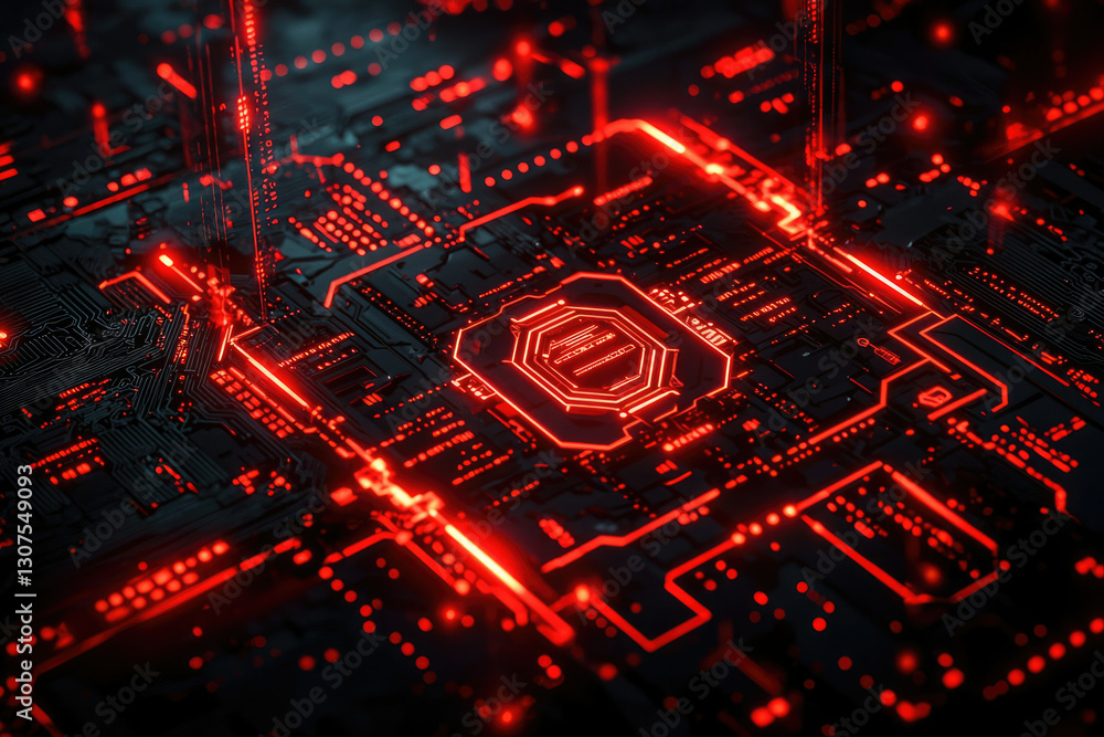 Poster abstract close-up of a futuristic circuit board glowing red, showcasing intricate technological desi