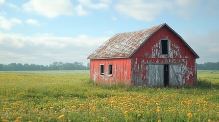 A rustic wooden barn with peeling red paint in a grassy meadow.