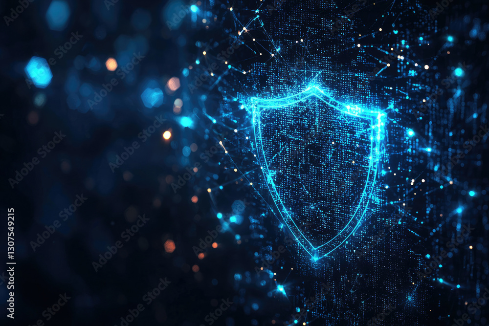 Poster digital shield glowing with blue light, symbolizing cybersecurity and data protection.