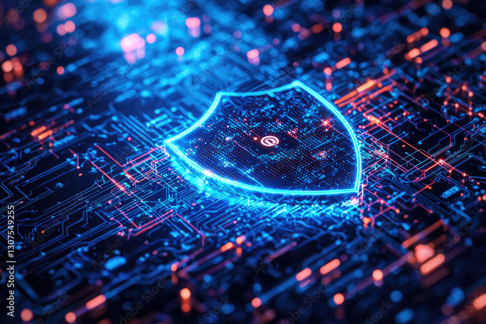 Poster A glowing blue shield symbolizes cybersecurity on a digital circuit board, representing data protection and network security.
