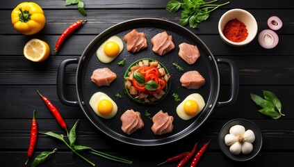 Aromatic and Savory Dish with Eggs and Meat, Garnished with Fresh Herbs and Chili Peppers