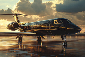 Luxurious black and gold toned private jet airplane parked at the airport at night. Exclusive traveling for VIP`s, millionaires and billionaires. Opulent lifestyle	
