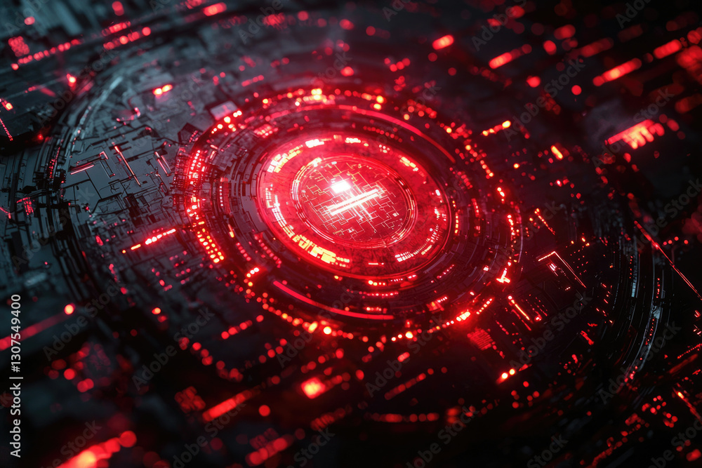 Poster a futuristic digital circuit board glows with vibrant red light, showcasing intricate technological 