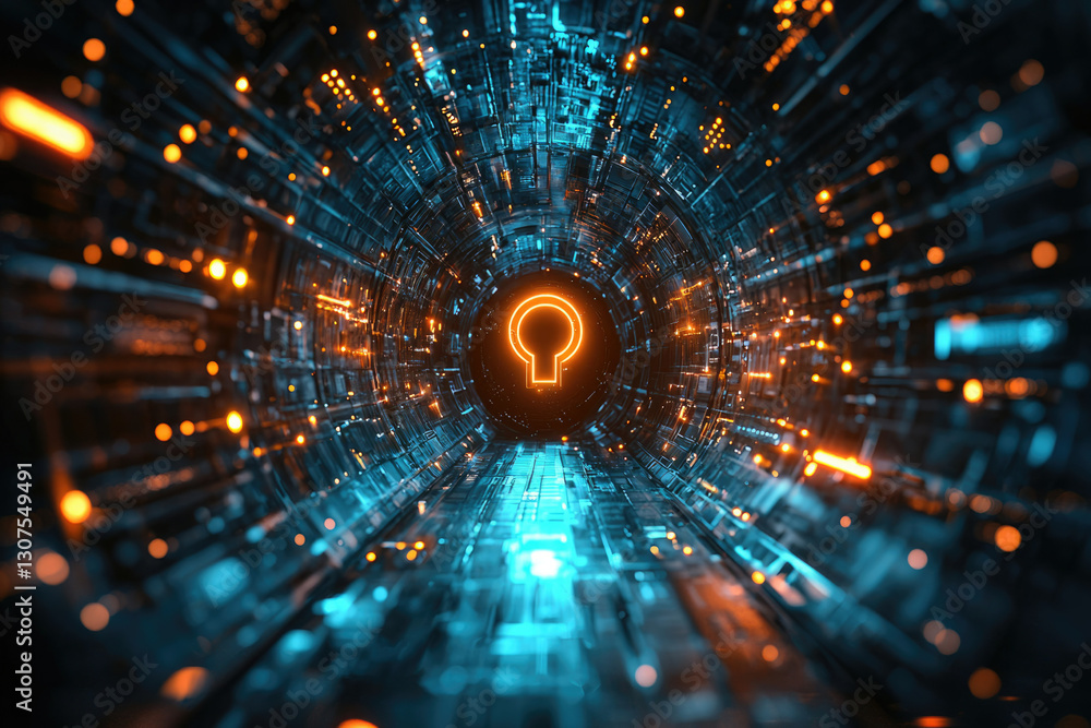 Poster neon keyhole in a futuristic, glowing tunnel symbolizing digital innovation and technological advanc