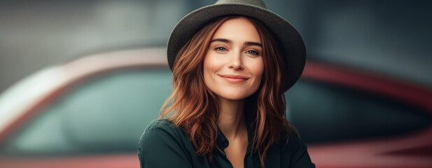 Smiling woman in stylish hat poses confidently near a red car in urban setting