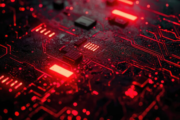 Close-up of a dark red circuit board with glowing red lines, showcasing intricate details.