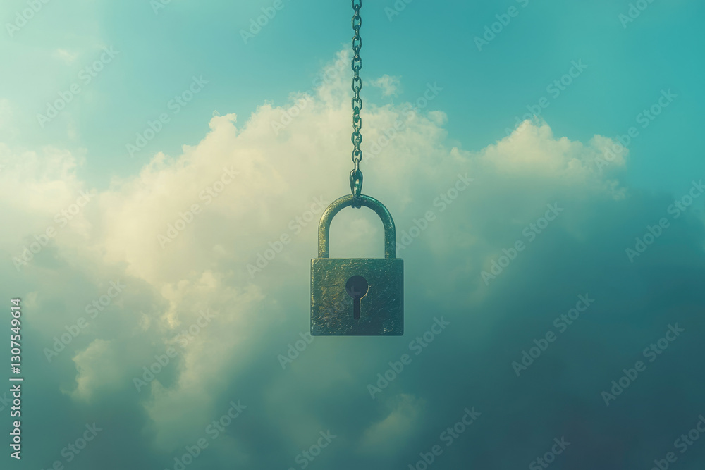 Poster A rusty padlock hangs from a chain against a cloudy sky, symbolizing security and protection in the digital realm.