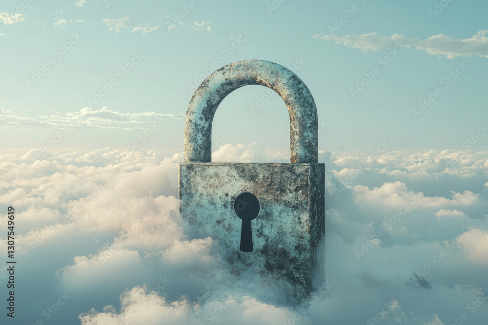 Poster a weathered padlock stands sentinel atop a sea of clouds, symbolizing digital security in the cloud.