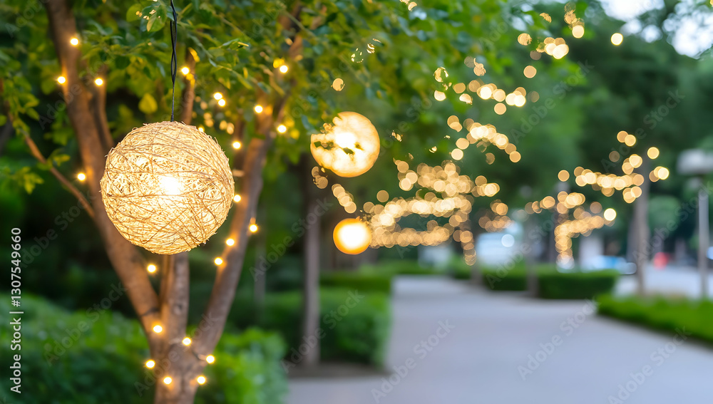 Poster evening stroll along a tree-lined path illuminated by warm string lights and decorative sphere lamps