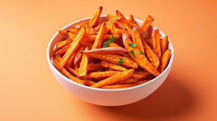 Crispy Sweet Potato Fries in a Bowl on Orange Background
