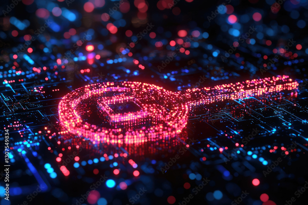 Poster A glowing key shaped like a Bitcoin symbol on a circuit board, representing digital security and cryptocurrency.