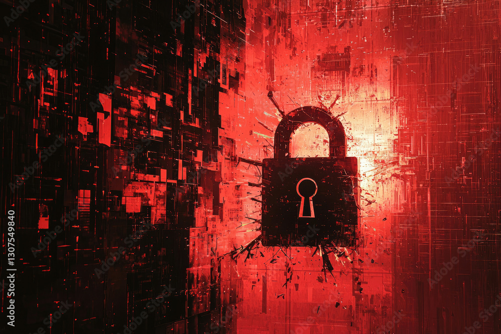 Poster cybersecurity breach depicted with a shattered lock amidst a digital landscape, symbolizing vulnerab