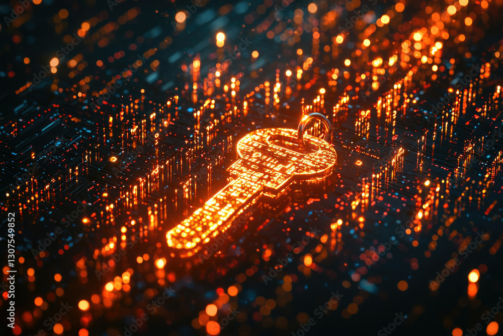 Poster A glowing digital key rests on a circuit board, symbolizing cybersecurity and data encryption.