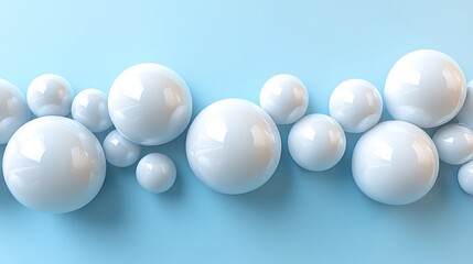 Soft light illuminates gently curving white spheres arranged dynamically on pastel blue background. AI Generated