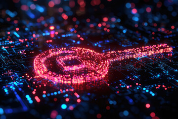 A glowing key shaped like a Bitcoin symbol on a circuit board, representing digital security and cryptocurrency.