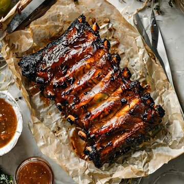 Succulent glazed bbq ribs, presented on baking paper, surrounded by dipping sauces and garnishes