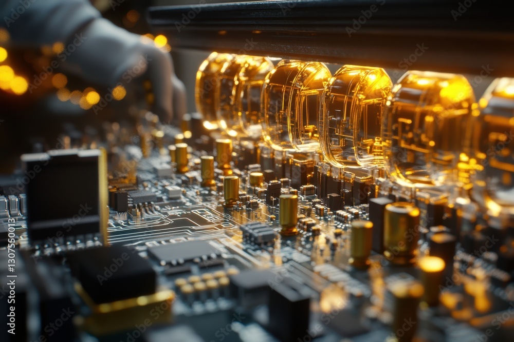 Poster close-up view of a person assembling circuitry on a circuit board in a modern lab