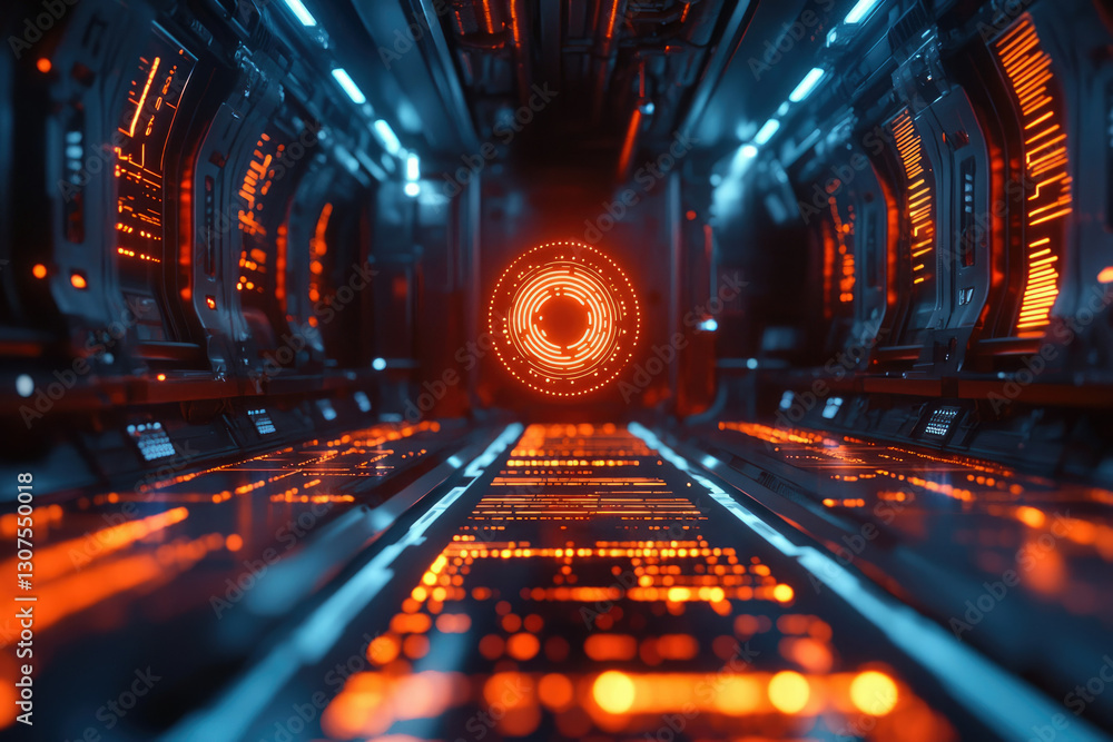 Poster futuristic spaceship corridor with glowing orange and blue interfaces, leading to a central circular