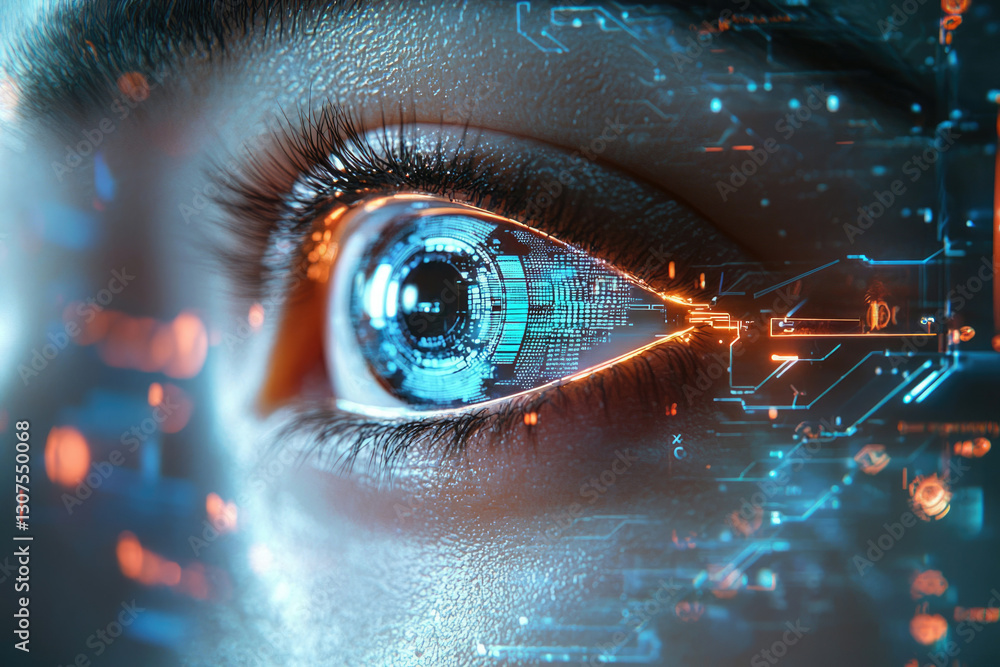 Poster A close-up of a human eye digitally enhanced with futuristic circuitry and data streams.
