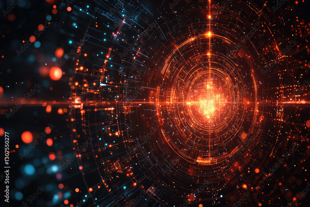 Poster Abstract digital art depicting a glowing, concentric circular network of data streams and particles.
