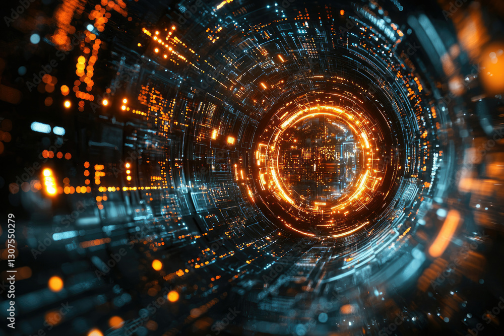 Poster abstract digital tunnel with glowing orange and blue circuits, depicting futuristic technology and d
