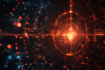 Obraz premium Abstract digital art depicting a glowing, concentric circular network of data streams and particles.