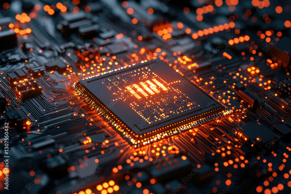 Poster Close-up of a glowing central processing unit (CPU) integrated into a circuit board, showcasing intricate technological details.
