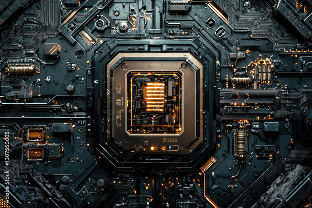 Poster Close-up of a futuristic computer motherboard with a central processing unit glowing with orange light.