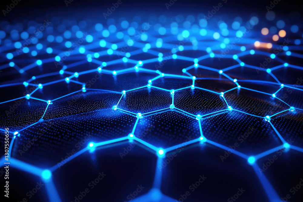 Poster Abstract blue glowing hexagonal network, representing digital connectivity and data flow.