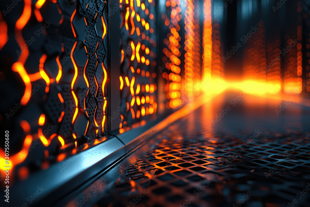 Poster Glowing orange hexagonal grid pattern on a futuristic metallic corridor, creating a visually striking and technological atmosphere.
