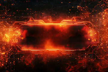 Fototapeta premium Fiery digital interface, glowing orange circuit board with central display, futuristic technology background.