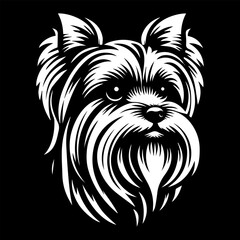 Yorkshire Terrier's head is a black and white simple logo. EPS vector graphics.