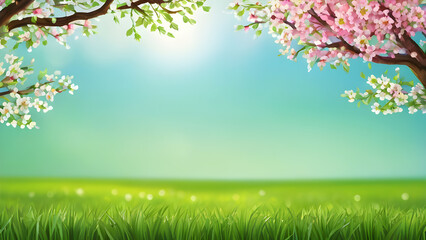 Beautiful spring landscape with blooming trees framing a green grass field under blue sky, perfect for nature and seasonal projects