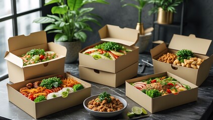 Assortment of healthy and delicious meal boxes ready for delivery or takeout