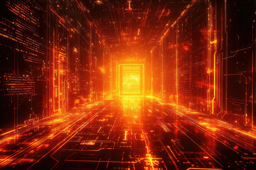 Glowing orange digital tunnel, futuristic circuitry, vibrant, abstract, technological, glowing lines, digital world, data stream, neon lights, computer generated image.