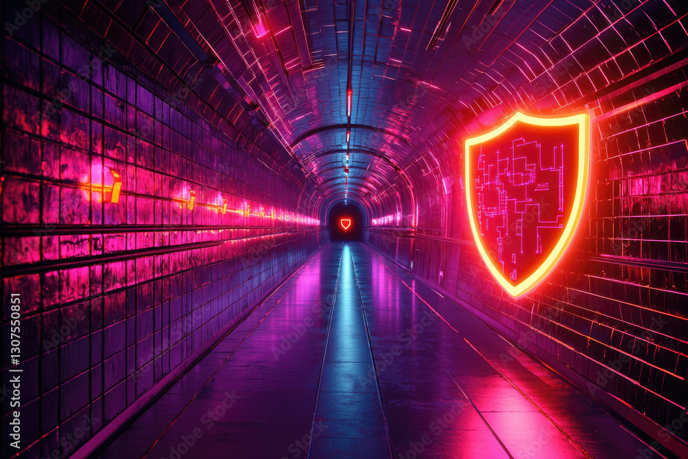 Poster neon-lit tunnel with a glowing shield symbol, representing digital security and protection.